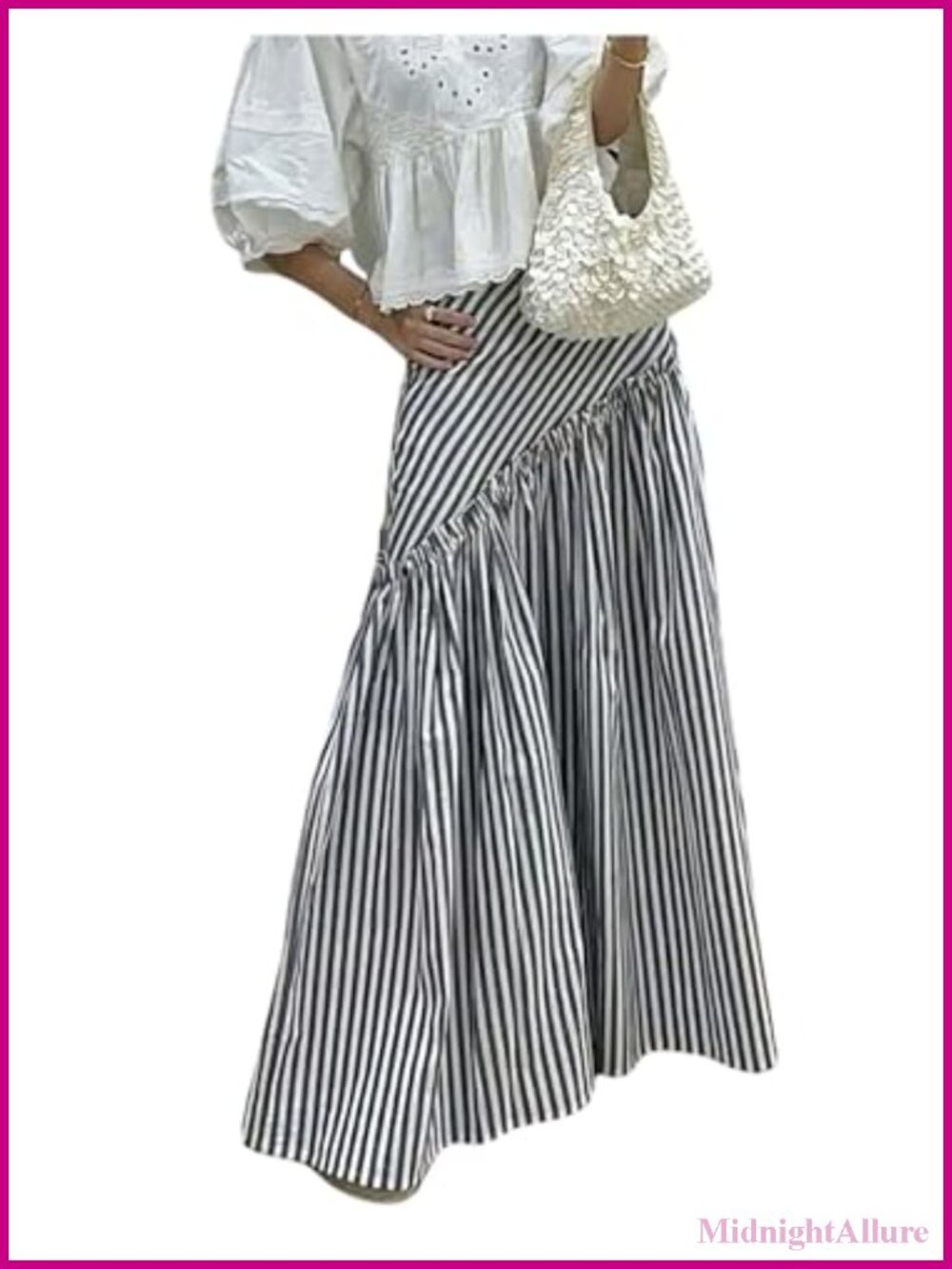 Striped Maxi Skirt - Low Rise Pleated Ruffle A-Line